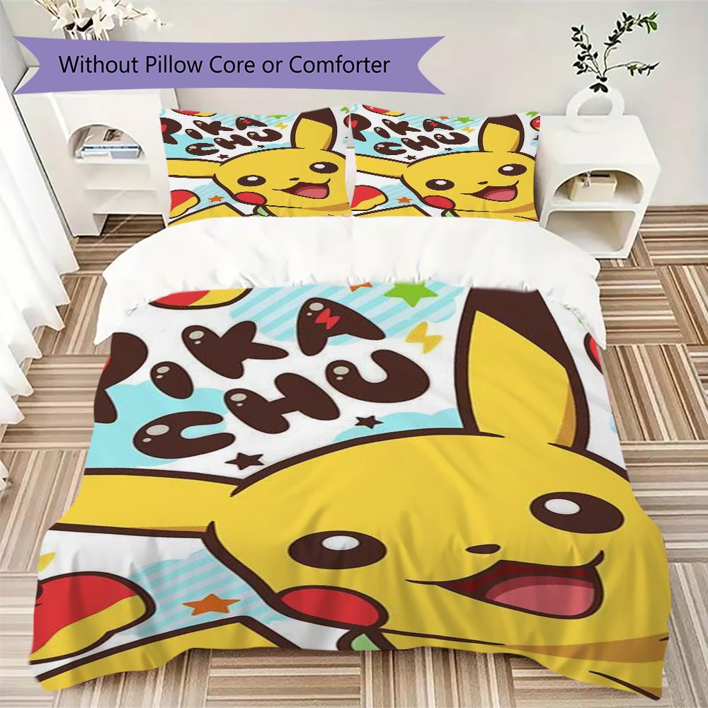 pokemon Pattern Bedding uilt Set uilt Cover Pillowcase Home Decoration Birthday Gift (1 * duvet cover + 2 * pillowcase without core)