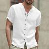 Cotton Linen Shirts Men's V Neck White Black Tops Vintage Button Up Classic Shirt Men Casual Summer Short Sleeve Blouse