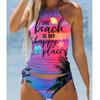 Women's Colorful Sunset Print Halter Bikini Tankini Swimsuit