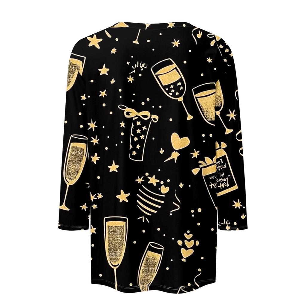 Женская мода повседневная новогодняя принтованная круглая горловина с рукавом три четверти топ Новый год 2025