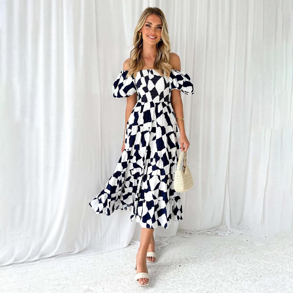 Летнее женское модное плиссированное платье без бретелек длиной до щиколотки с коротким рукавом и принтом