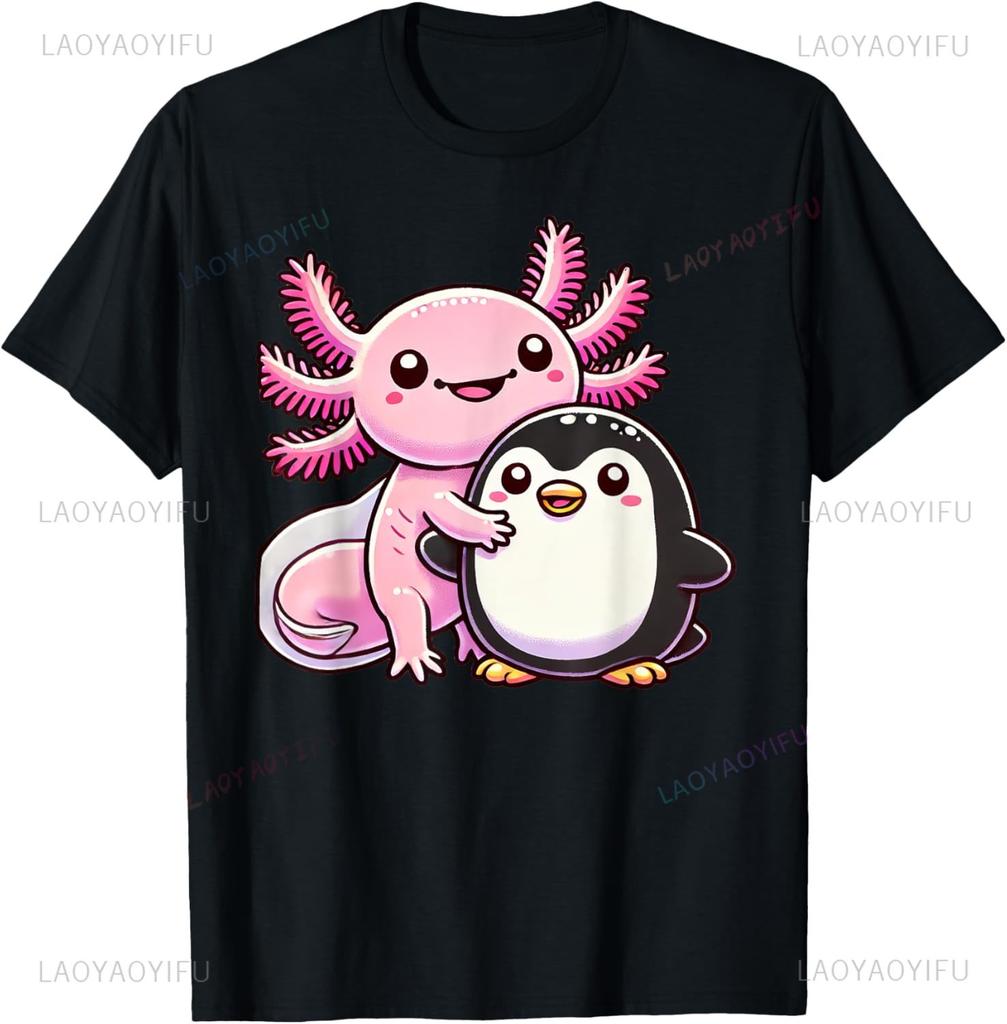 Cute Axolotl Hugging Penguin TShirt Harajuku Print Original Design Gifts T Shirts Funny Shirt Print on DeUnisexd Y2k Camisas