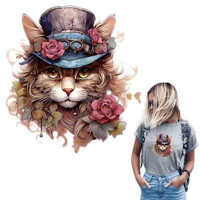 Кошка в шляпе, утюг на заплатках, нашивка с цветком и животным, теплопередача, наклейки для одежды «сделай сам», Parches Ropa, гладильная наклейка
