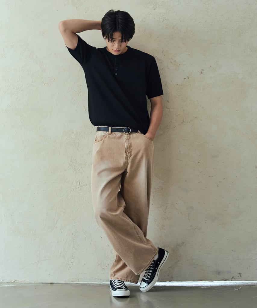 NODU Plain Henley Neck Short Sleeve Knit [Black]