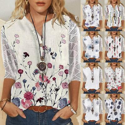 Женские рубашки с v-образным вырезом и рукавами 3/4, кружевная повседневная блузка с принтом, свободные рабочие туники, топы