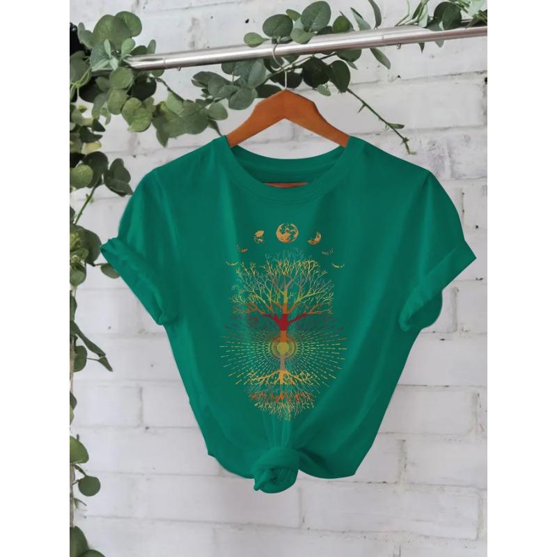 Футболка из чистого хлопка с круглым вырезом и принтом, летние футболки с короткими рукавами для женщин