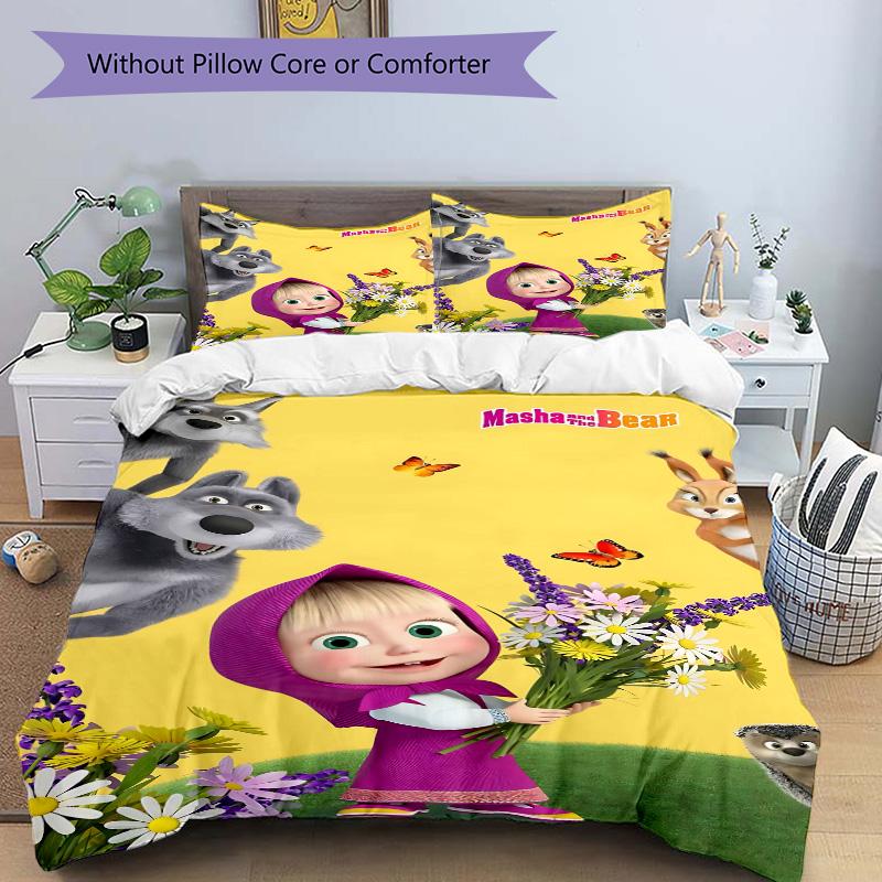 Masha Bear Flowers Print 3Pcs Bedding Setduvet Cover With 2 Bedropillowcase Home Birthday Gift