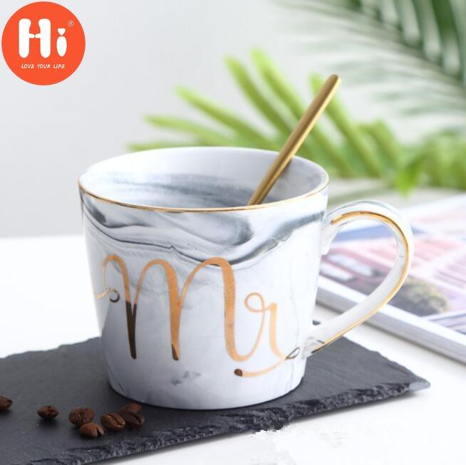 Hi European Gold Stamping Mark Loving Cup of Coffee Sir MS Letter Men Women Ceramic Mugs Marble Cup