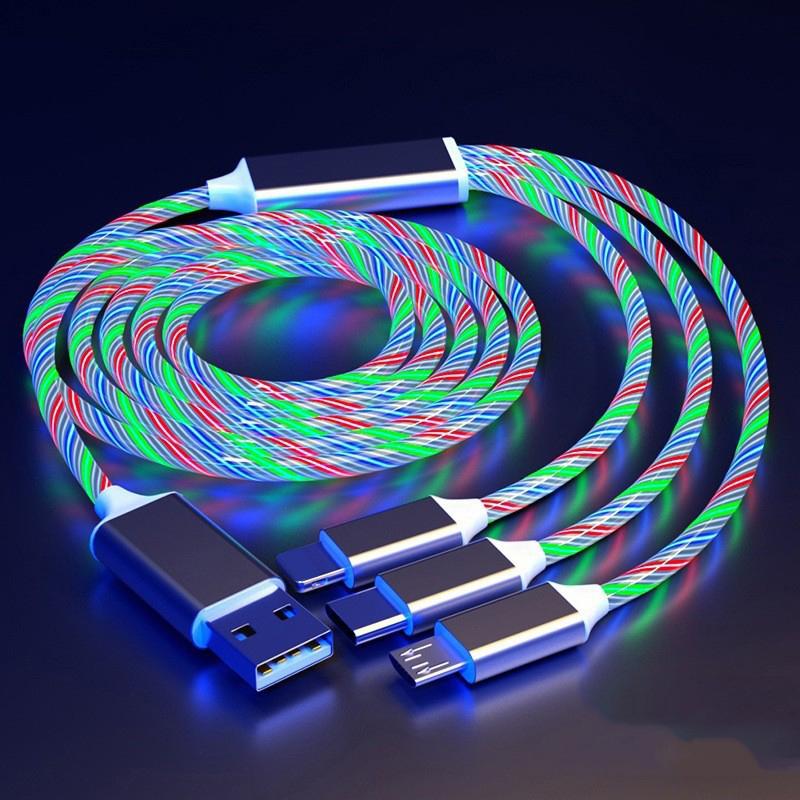 Glowing LED 3 IN 1 Cable For Samsung Xiaomi iPhone Flowing Streamer Light Fast Charger USB C Cord Luminous Type C Cable