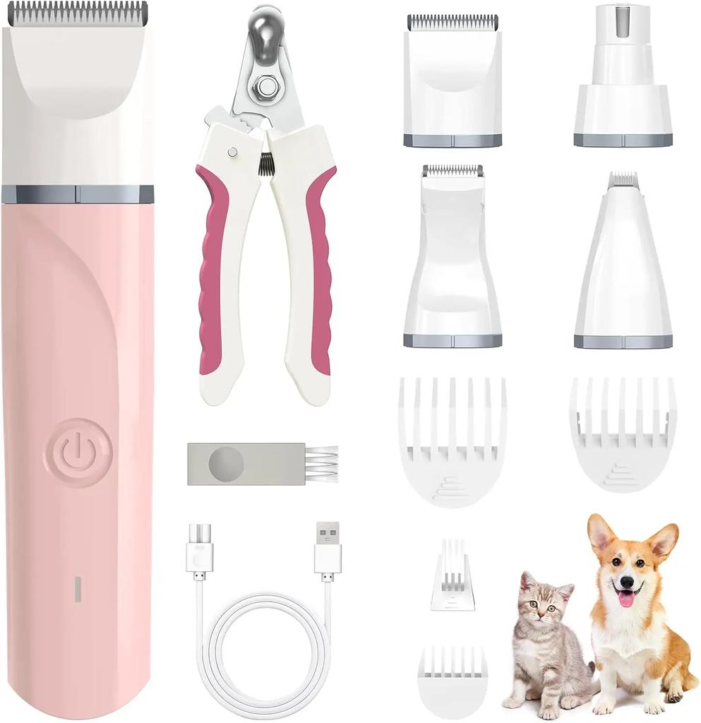 Dog Hair Clipper 4-in-1 Grooming Set Low Noise USB Rechargeable Pet Clipper Suitable for Large and Small Dogs Cats Professional Pet Grooming Clipper