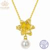 WUIHA Vintage 100% 925 Sterling Silver Lab Sapphire Pearl High Carbon Diamonds Gemstone Flower Pendant Necklace Fine Jewelry
