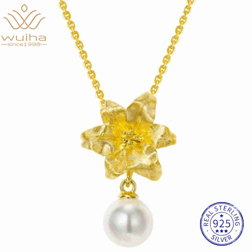 WUIHA Vintage 100% 925 Sterling Silver Lab Sapphire Pearl High Carbon Diamonds Gemstone Flower Pendant Necklace Fine Jewelry