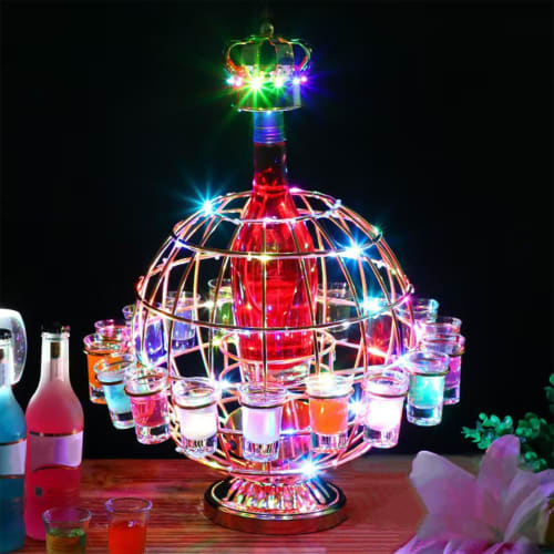Batone Tequila Globe, Rotating LED Liquor Bottle Display Shelf with 12 Cups, LED Tequila Globe, Shot Glass, Cocktail Glass Holder, Liquor Rack, Liquor