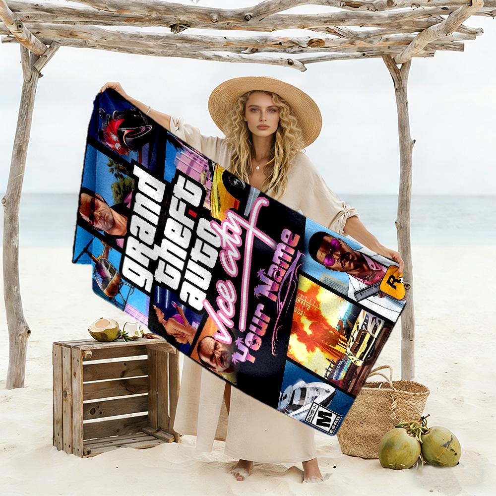 Grand Theft Auto Customize Text Beach Towel Quick-Dry Soft Microfiber Ideal for Travel Outdoor Swim Pool Yoga Surf Camping Hiking Gym Gift Holiday