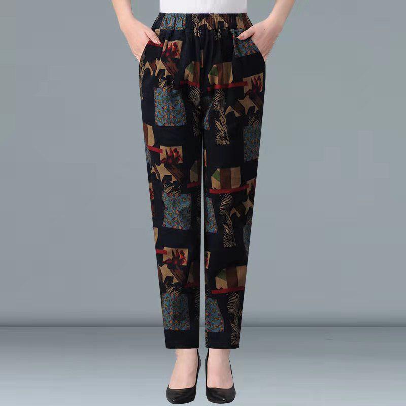 Свободные женские брюки с цветочным принтом и высокой талией, летние повседневные брюки Haren для людей среднего и пожилого возраста, женские брюки