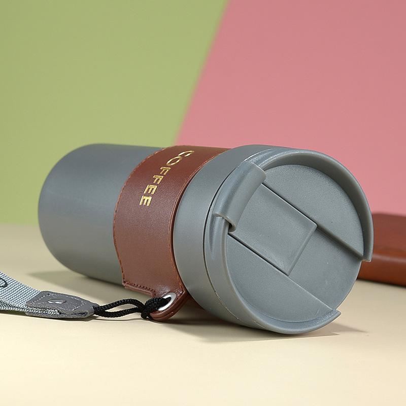 Двойная кофейная кружка из нержавеющей стали, 450 мл, кружка-термос с кожаным чехлом, герметичная автомобильная термос, дорожная изолированная бутылка