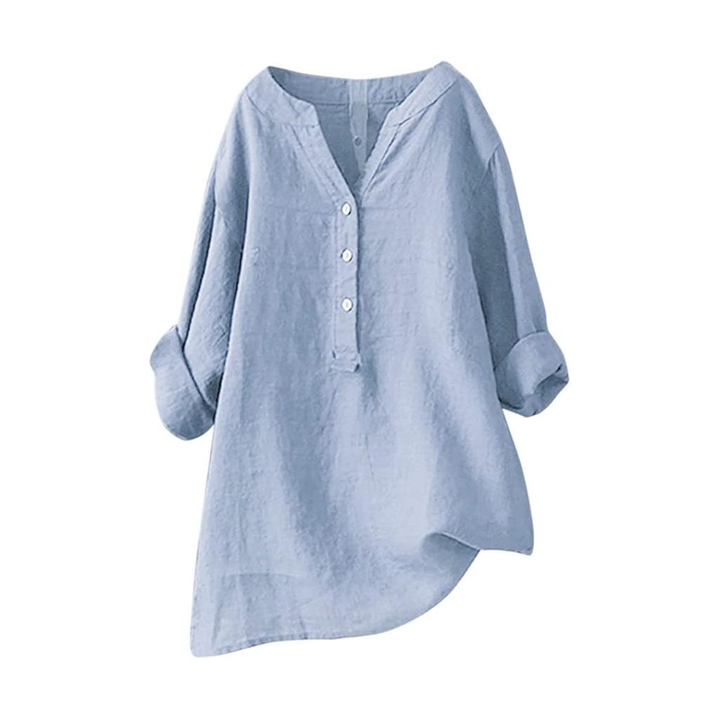 Women Solid Stand Collar Long Sleeve Shirt Casual Loose Blouse Button Down Tops