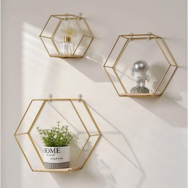 Iron Art Storage Shelf Wall Mounted Hexagon Storage Holder Storage Rack for Bedroom Living Room Office Organizer Decor
