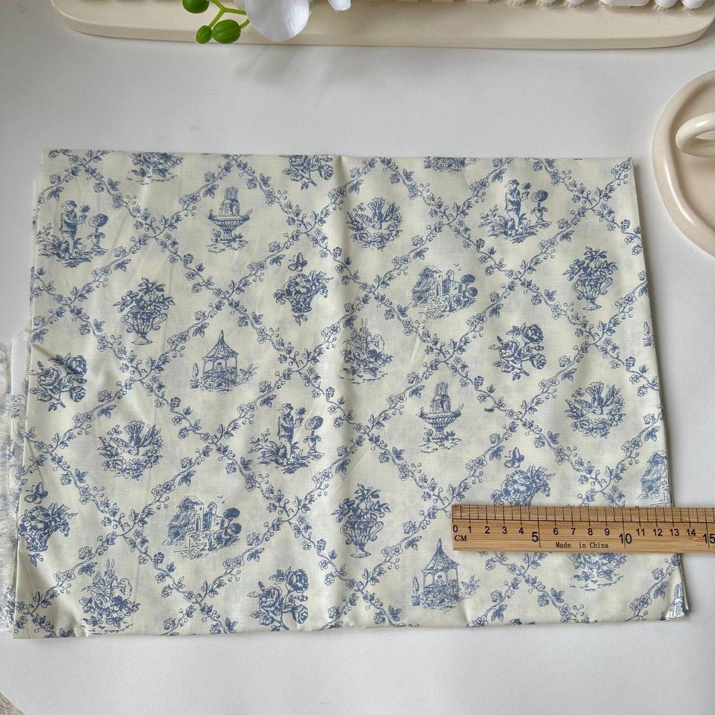 100% Cotton Digital Print Fabric: Retro Blue & White Floral Design for Children's & Women's Dresses and Handbags