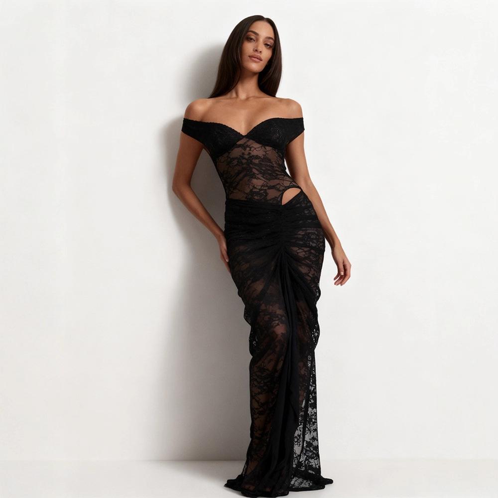 ins wind lace jacquard off-the-shoulder dress women's spring new sexy hollowed-out see-through waist dress
