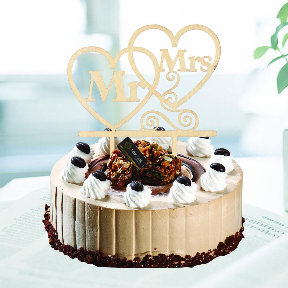 Wooden Wedding Cake Topper Simple Mr&mrs Letter Love Shape Birthday Weddings Engagements Anniversary Party Cake Decoration Card