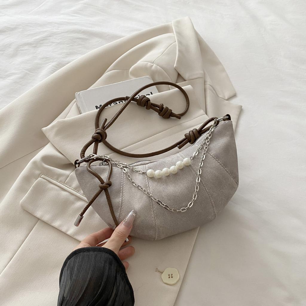 Denim bag bag women's 2025 summer new women's bag niche pearl chain armpit bag one-shoulder crossbody dumpling bag