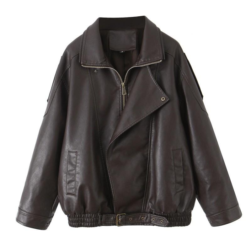 Womens Oversized PU Leather Jacket With Double Layer Collar Vintage Style 2026