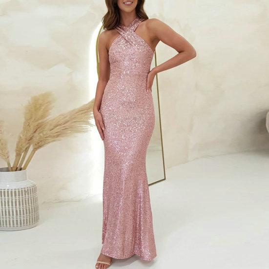 Women Evening Dress Shiny Sequin Halter Neck Sleeveless Backless Slim Fit Sheath Off Shoulder Pure Color Ankle Length Party Prom Wedding Maxi Gown