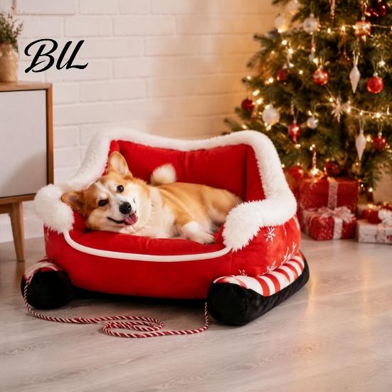 Holiday Sleigh Pet House Christmas Dog Bed with Non Slip Base, Plush Calming Sofa Durable for Cats Indoor Outdoor, Fun Puppies Anti Cat