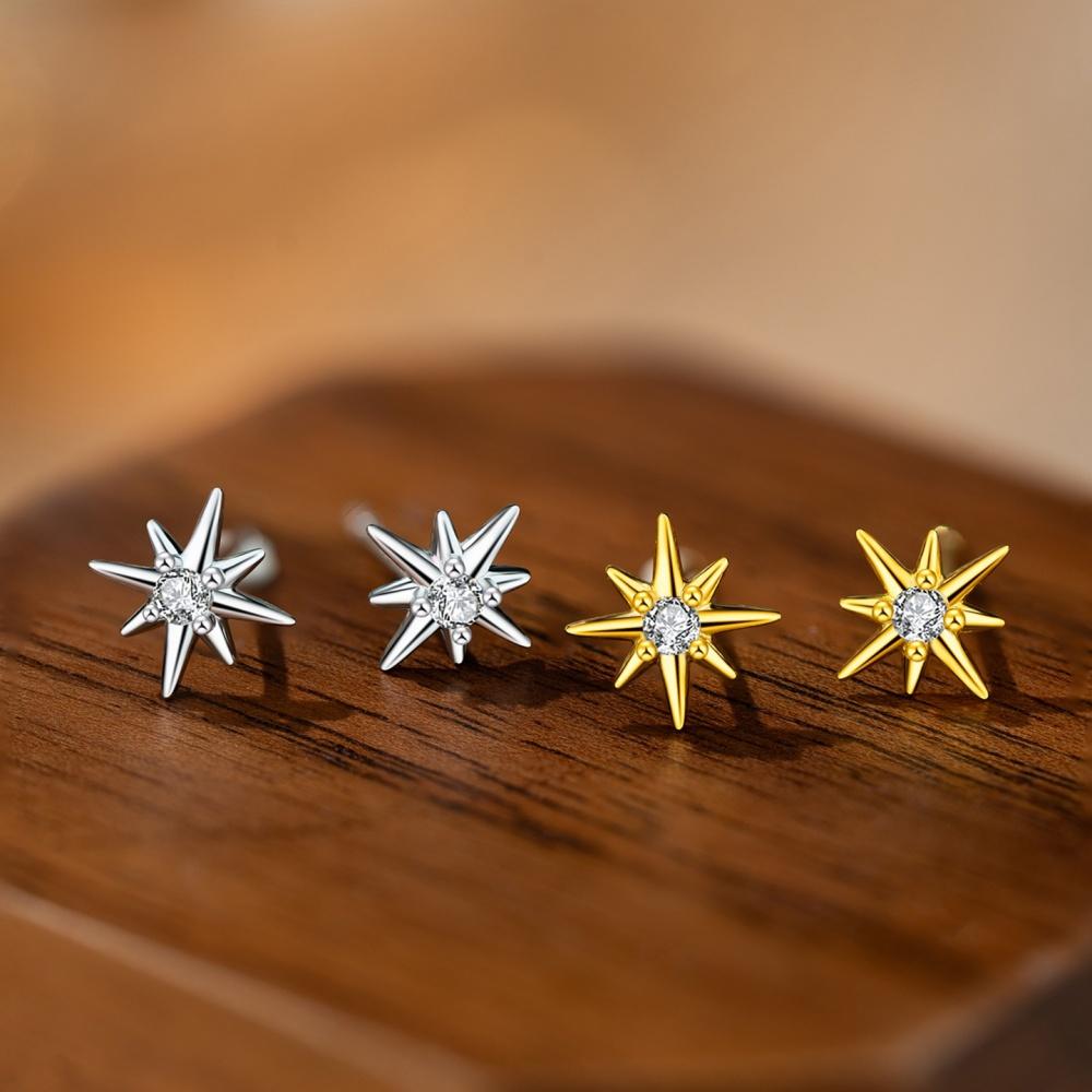 Gold Silver Color Eight-pointed Star Earrings for Women Mini High-end Zircon Star Cartilage Piercing Earrings Minimalist Jewelry