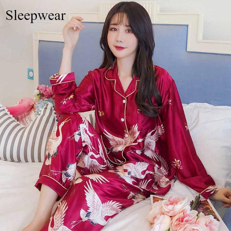 Home Ice Silk Pajamas Female Spring and Autumn Crane Long Sleeve Casual Comfortable Long Sleeve Cardigan Large Size 200 Catties Can Wear Pajamas Set
