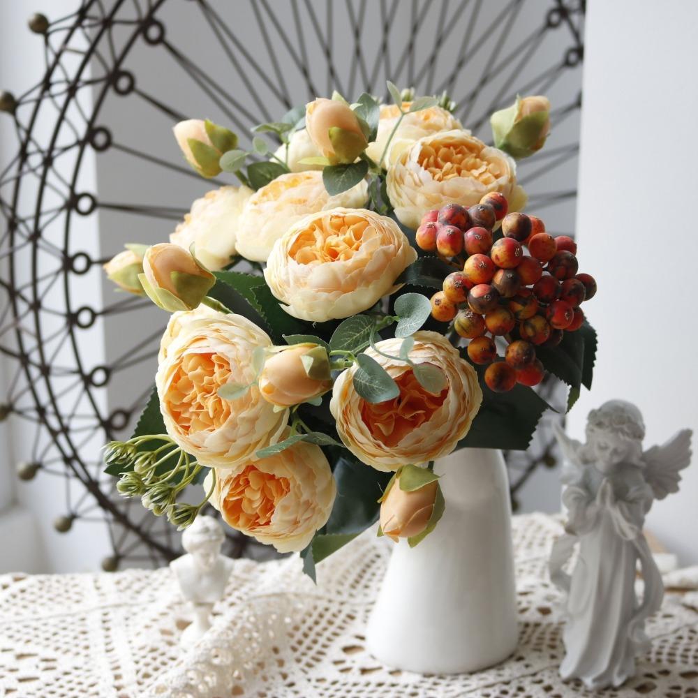 DIY Silk Rose Peony Flowers 5 Heads Fake Flower Simulation Flowers  Home Wedding Decoration