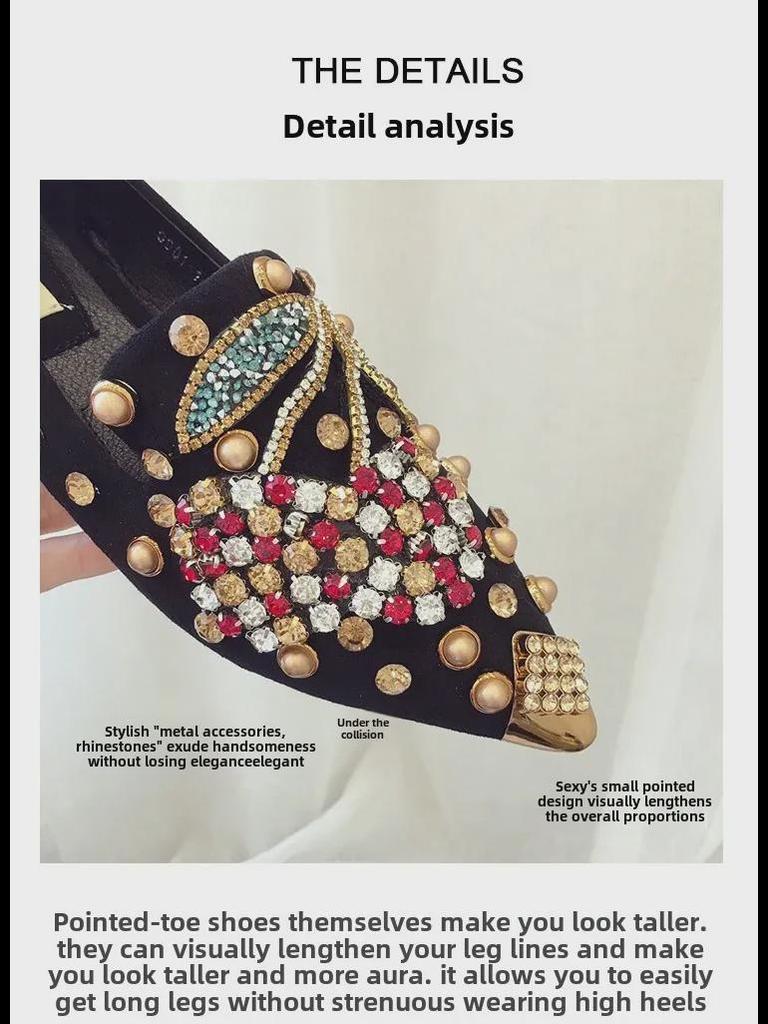 Women's 2020 Autumn Large Single Shoes - Rivet Cherry, Rhinestone Pointed Toe, Flat Style