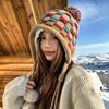 Fall Winter Women's Plaid Knit Trapper Hat Beanie- Fleece Lined Pom Pom Drawstring Windproof Warm Cap