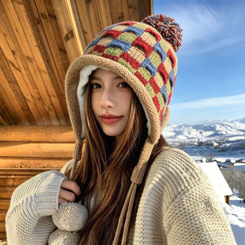 Fall Winter Women's Plaid Knit Trapper Hat Beanie- Fleece Lined Pom Pom Drawstring Windproof Warm Cap