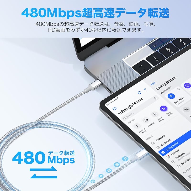 Кабель типа C Кабель типа C [1 м + 1 м + 2 м + 2 м / шт.] Совместимость с PD, быстрая зарядка 60 Вт] Передача данных через USB Предотвращение отключения Прочный нейлоновый iPhone