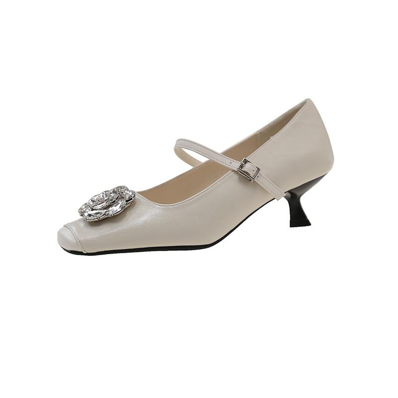 Нишевые туфли-лодочки на высоком каблуке для женщин, новые весенне-осенние, с цветочной пряжкой со стразами, туфли Мэри Джейн на высоком каблуке