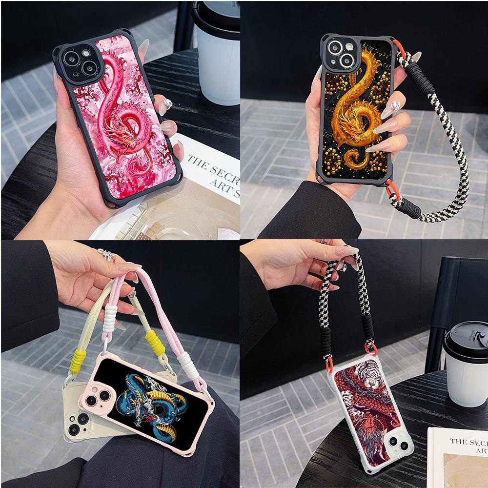 Ae77 Dragon Design Art Soft Phone Cases for iPhone 16 15 14 13 12 11 Pro Max 7 8 Plus XR XS Max with Wrist Strap Lanyard Corner Protection Back Cover