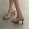 Summer New Square Head Open-toed Back Empty Stiletto High Heels One-word Buckle Belt Silver Outer Fashion Sandals Women