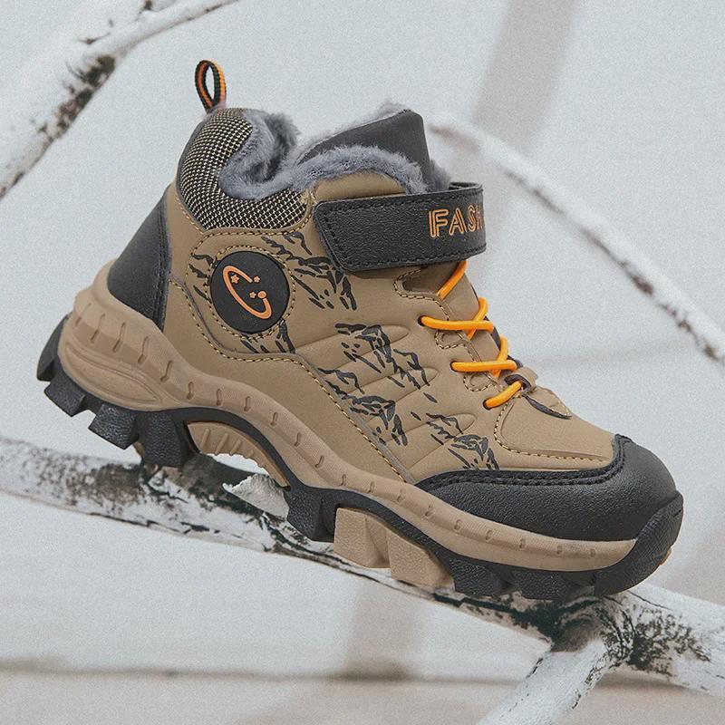 Зимняя спортивная обувь из хлопка для мальчиков 2024 года: Модные кожаные кроссовки для альпинизма для детей старшего возраста