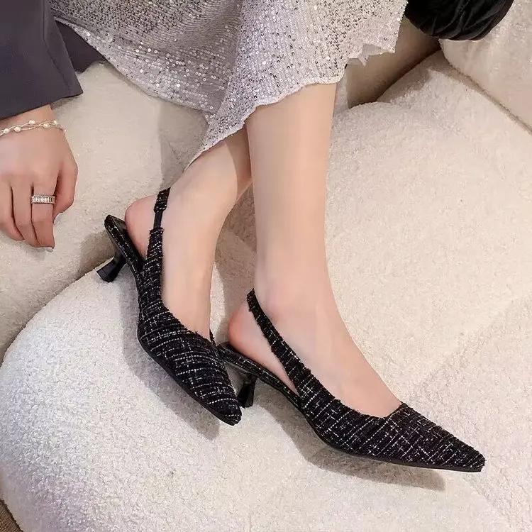 Брендовые дизайнерские туфли на высоком каблуке с открытой пяткой, женские синие туфли с острым носком для вечеринок, летние босоножки на тонком каблуке для женщин 2024 г.