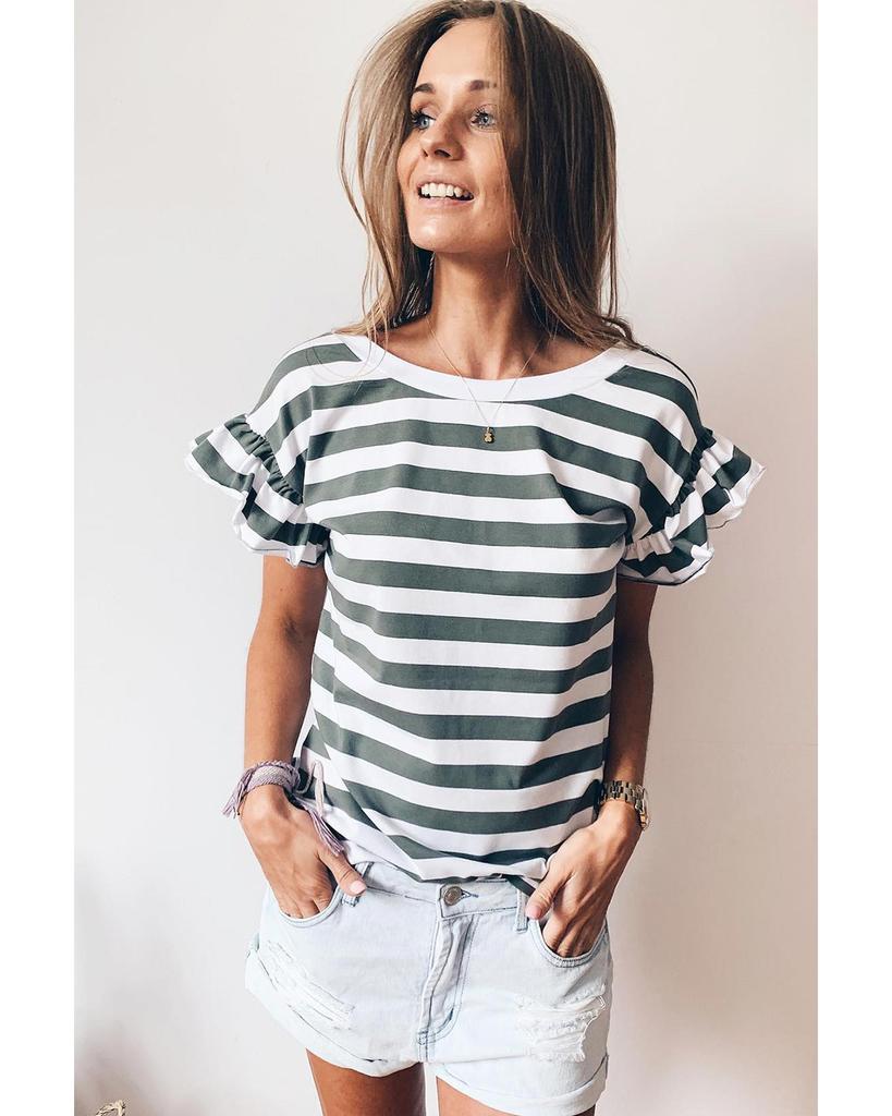 Azura Exchange Sea Green Striped V Neck Ruffle Sleeve Top