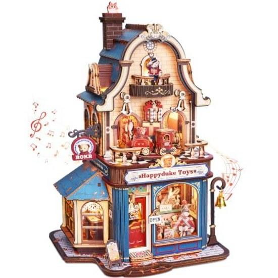 ROKR 3D Wooden Puzzle Bear Toy Shop Light Effects Music Interior Decoration Miniature House Movable Model Atmosphere Creation Entrance Craft Kit DIY