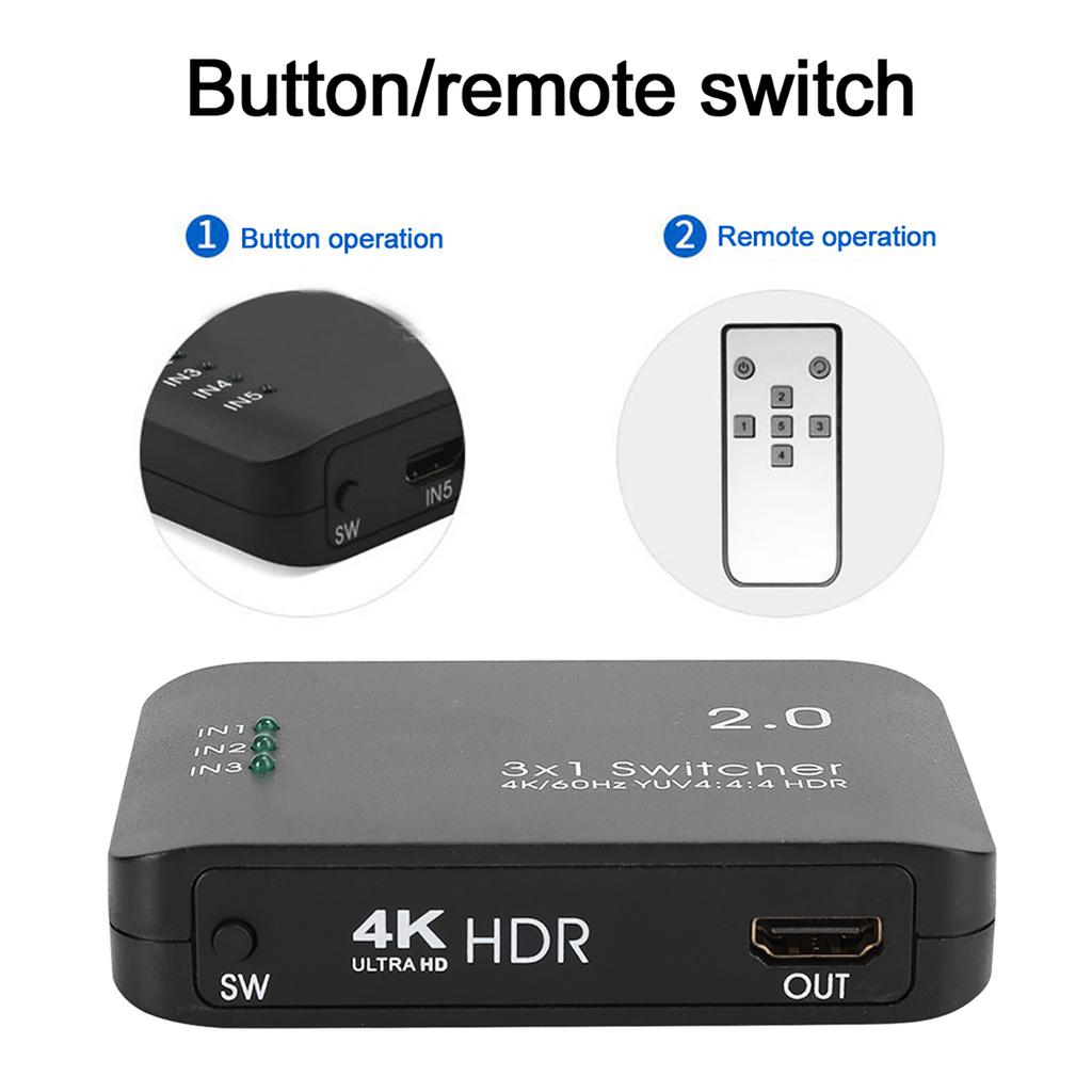 4K High Definition Multimedia Int face 3 Input 1 Output Splitt Adapt HD IR Remote Control ABS with LED Indicator
