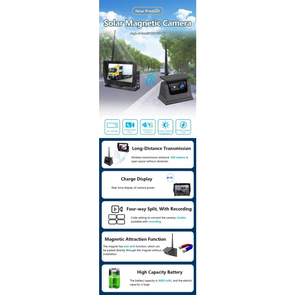 Цифровой беспроводной 7-дюймовый DVR с четырьмя мониторами, циклическая запись видео, солнечные магнитные камеры заднего вида для каравана