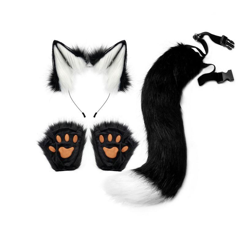 Fluffy Animal Ears Headband With Tail Gloves Set Halloween Party Cosplay Costume Accessory