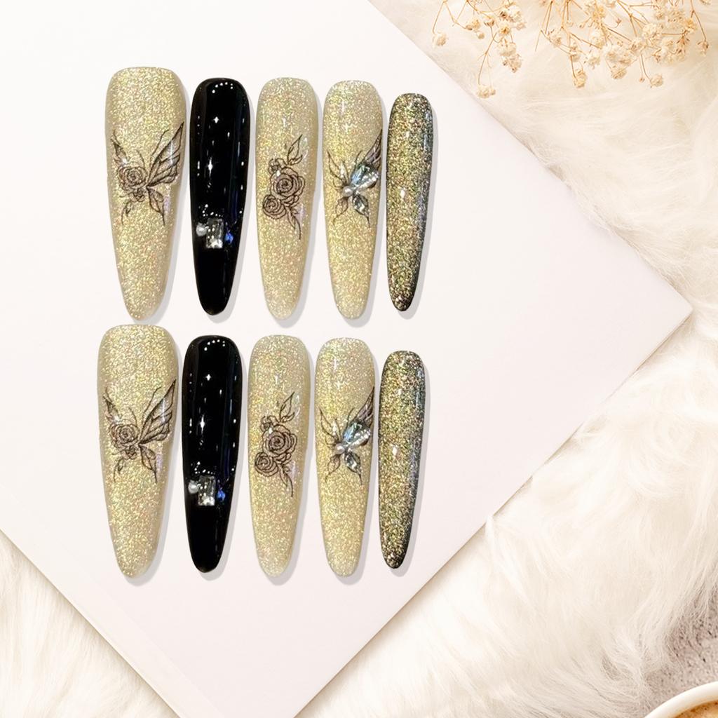 10pcs Gold Black False Nails with Rhinestone Decor Delicate Rose Butterfly Press on Nails For Gothic Party Wedding Photography