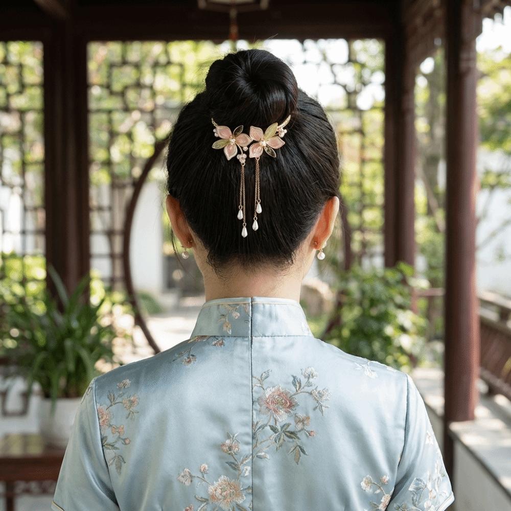 Pink Peach Blossom Bun Hairpin Imitation Pearl Round Bun Ponytail Holder Women Girls