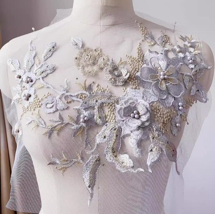 1 Piece Large 3D Lace Applique Trim Patches Pearl Purple Flower For Prom Wedding Dress Accessory Lace Fabric DIY 33*26cm