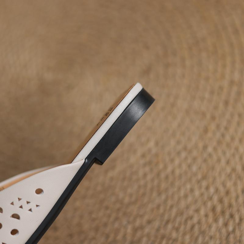 Fashion New Women's Genuine Leather Cowhide Hollow Breathable Square Toe Low Heel Toe Mueller Slippers with Holes In Summer